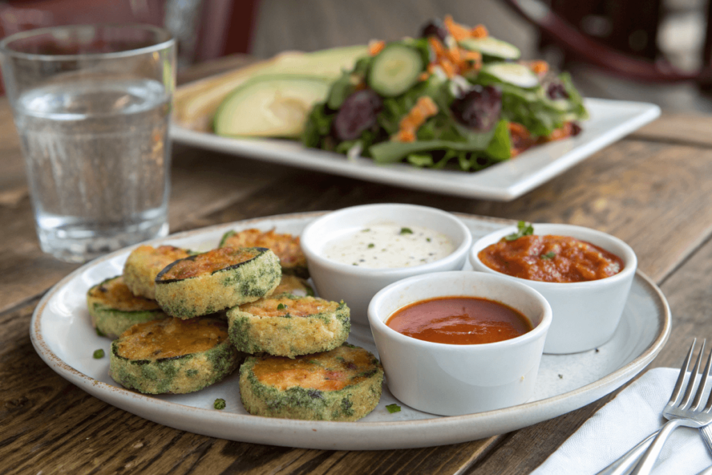 Crispy zucchini bites served with a trio of dipping sauces.