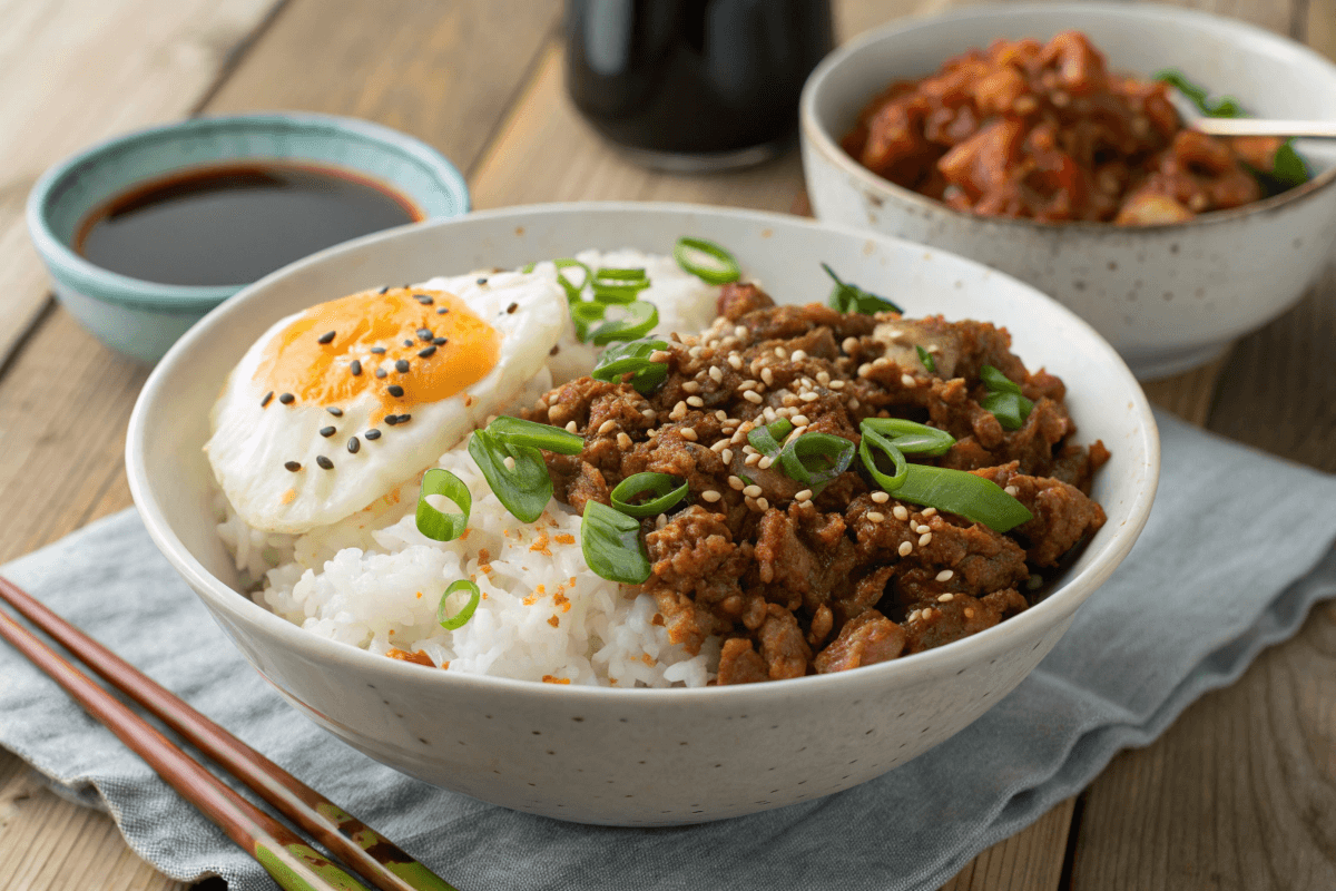 Korean-Style Ground Turkey served over rice with sesame seeds and green onions.