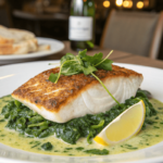 Pan-Seared White Fish on Creamy Spinach with lemon garnish