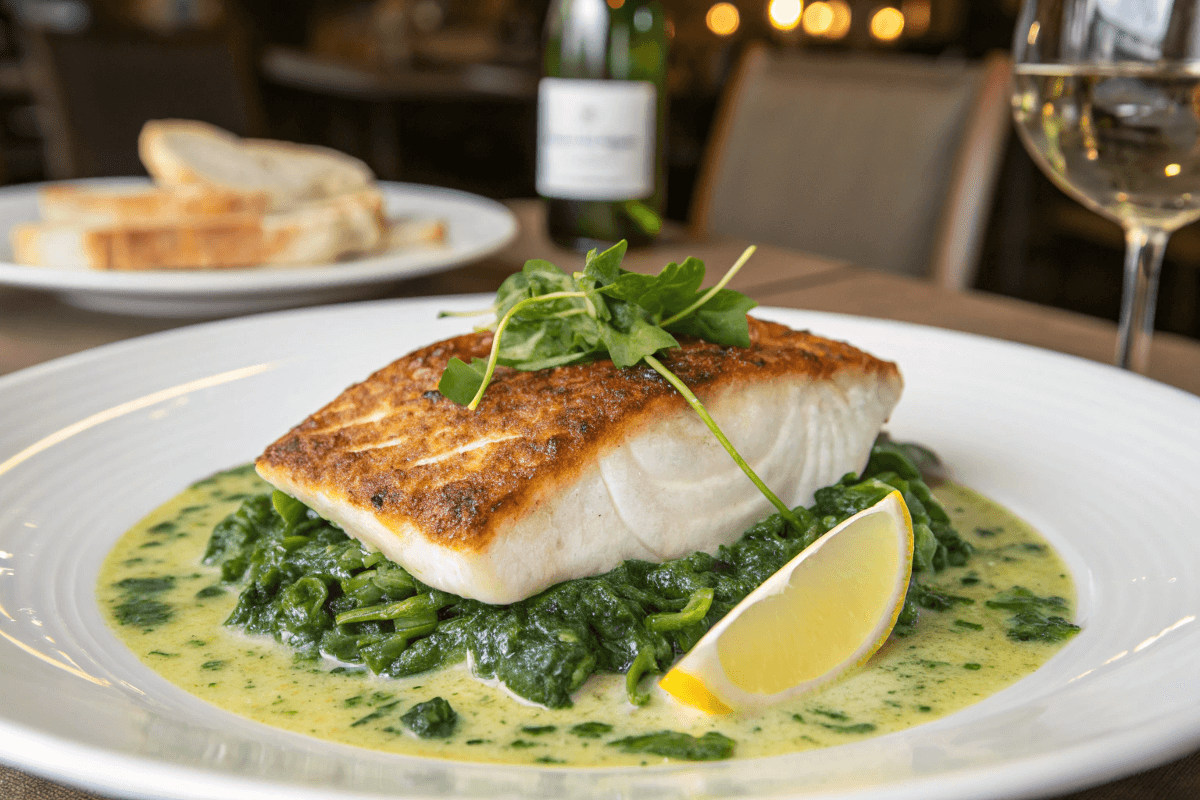 Pan-Seared White Fish on Creamy Spinach with lemon garnish