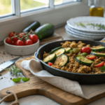 Ground Turkey and Zucchini Skillet in a rustic kitchen setting