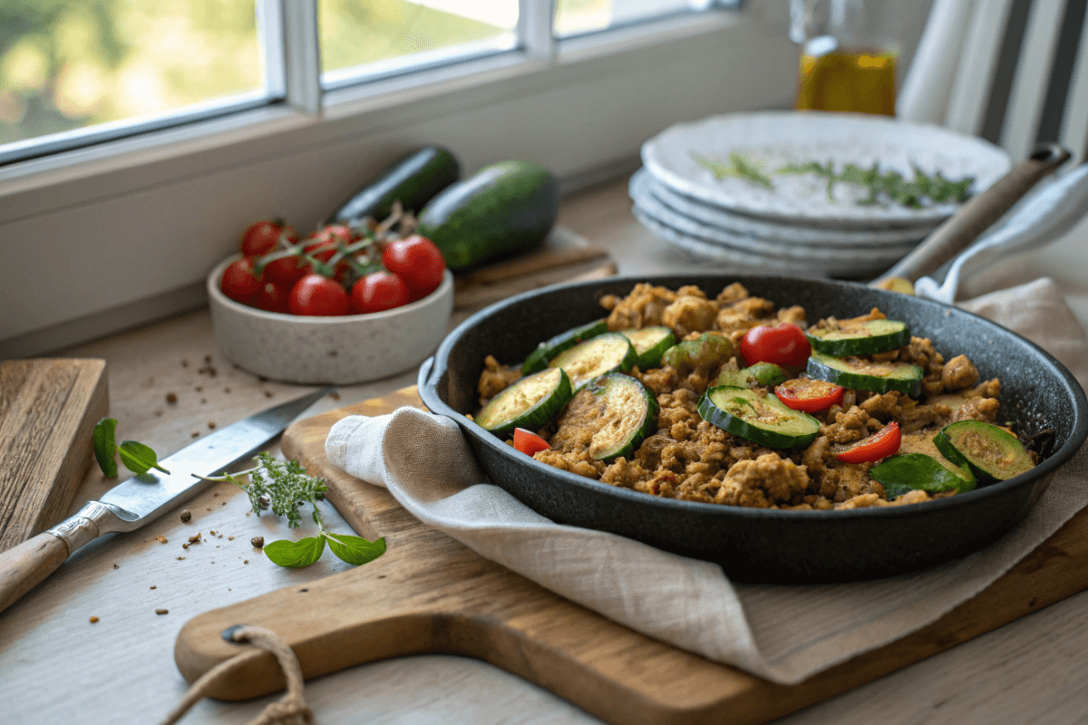 Ground Turkey and Zucchini Skillet in a rustic kitchen setting