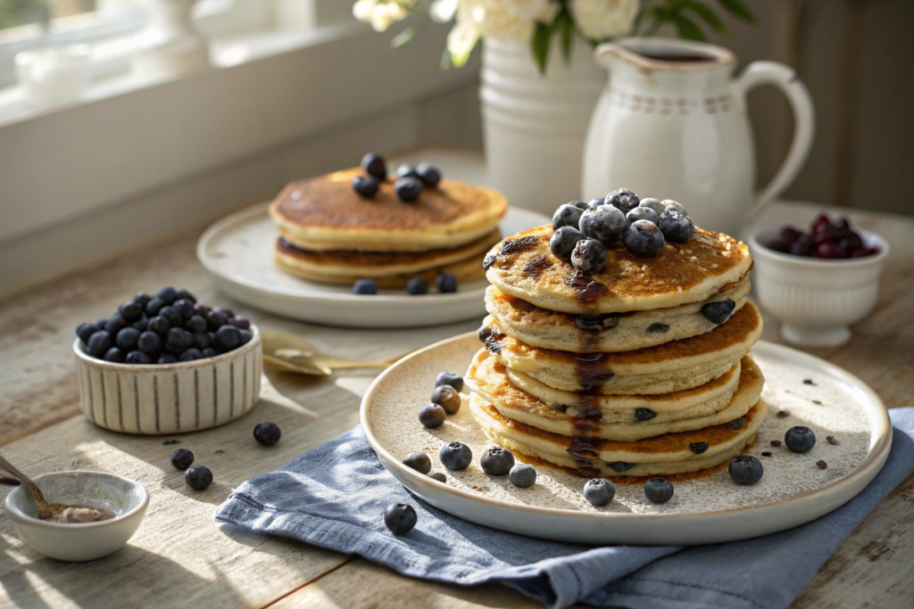 A variety of pancake styles including buttermilk, blueberry, and chocolate chip pancakes.