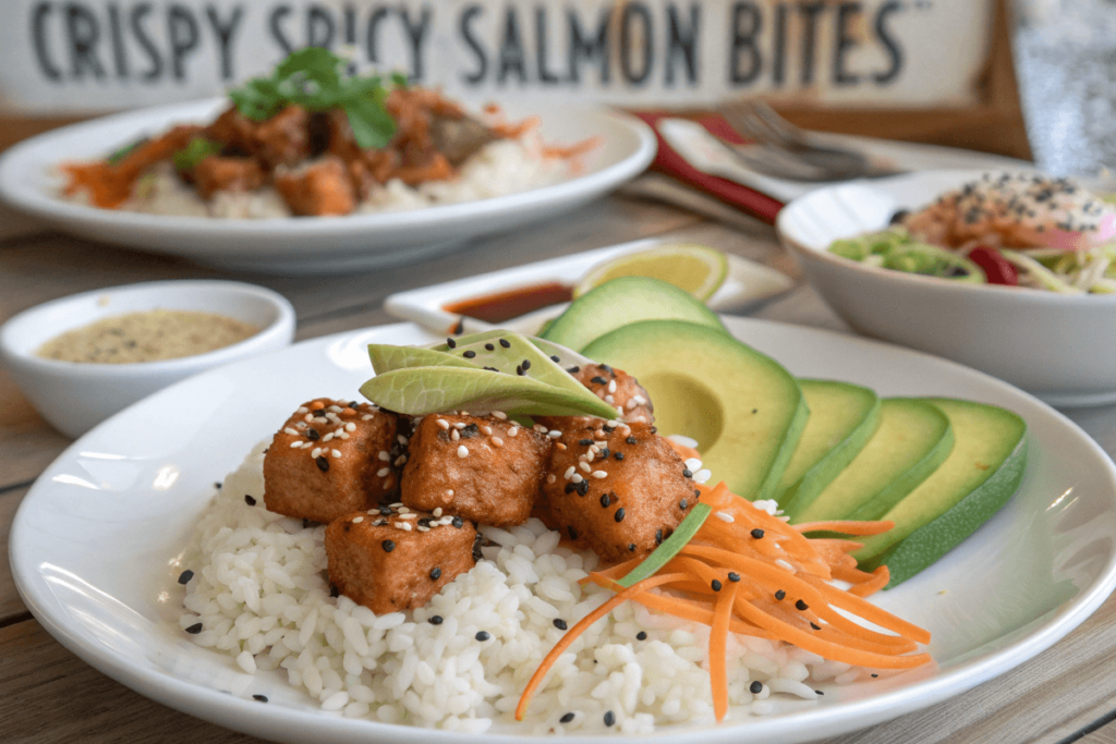 Crispy Spicy Salmon Bites served with rice, salad, and tacos