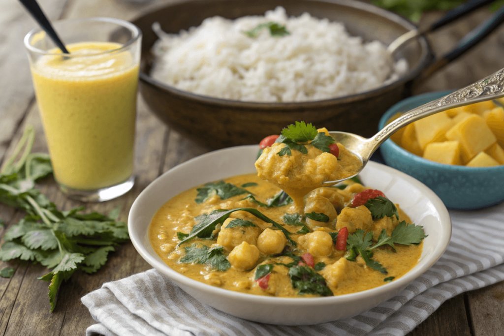 Chickpea spinach coconut curry served with rice and mango lassi.