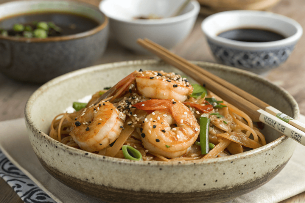 A serving of high-protein shrimp stir fry with noodles