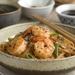 A serving of high-protein shrimp stir fry with noodles