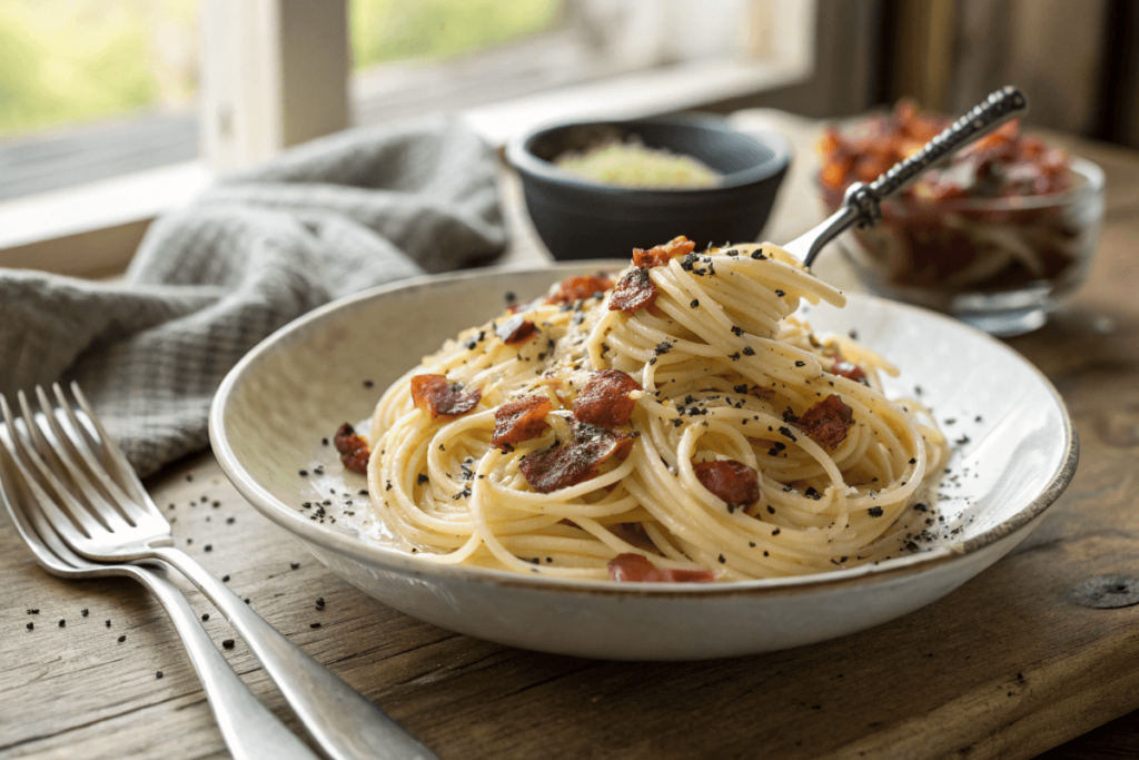 Spaghetti carbonara with creamy sauce and pancetta