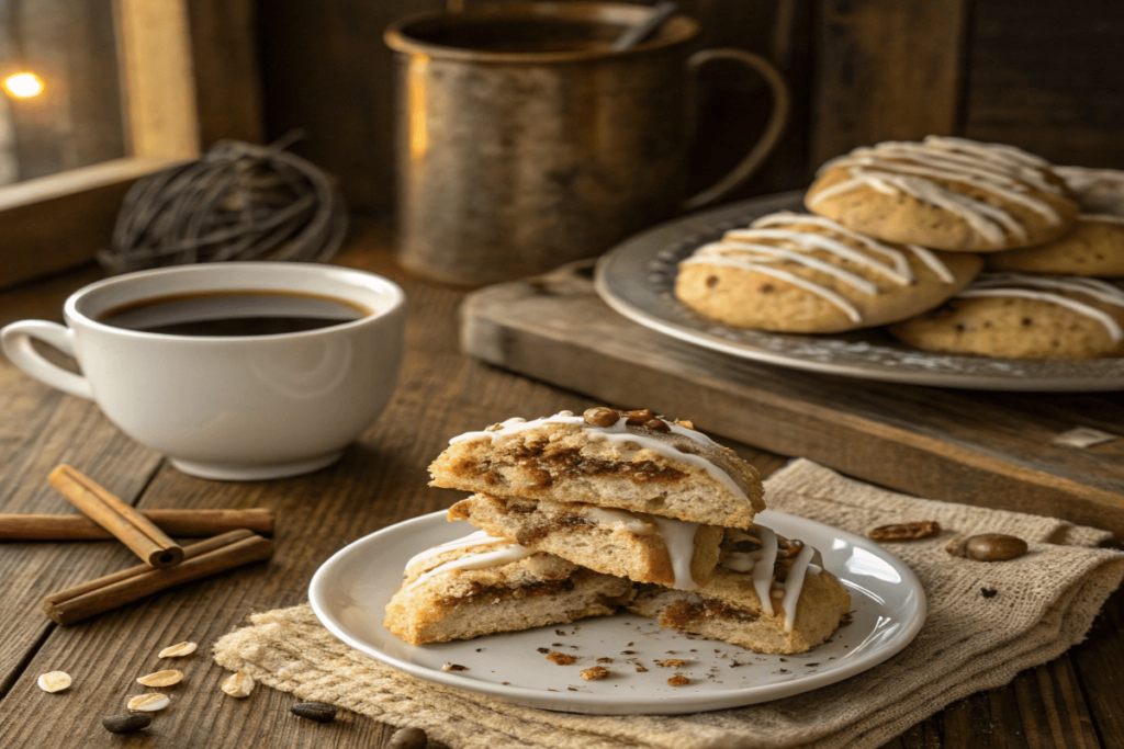 A plate of spiced coffee cake cookies served with a cup of coffee.