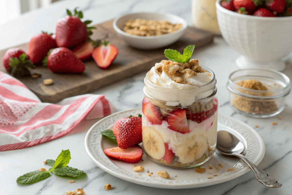  A strawberry banana pudding parfait topped with fresh fruit and whipped cream.