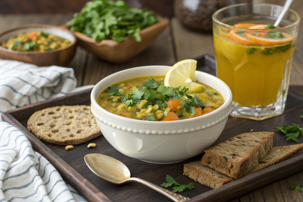 Vegan Lemon Lentil Soup with Turmeric served with bread and salad