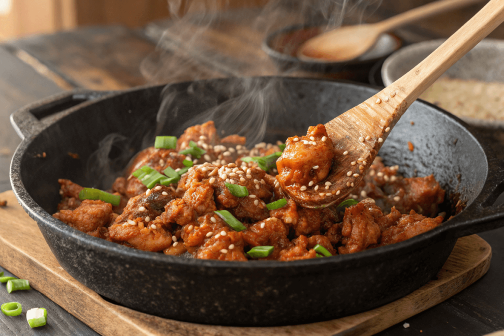 Ground turkey cooking in a skillet with Korean sauce and sesame seeds.