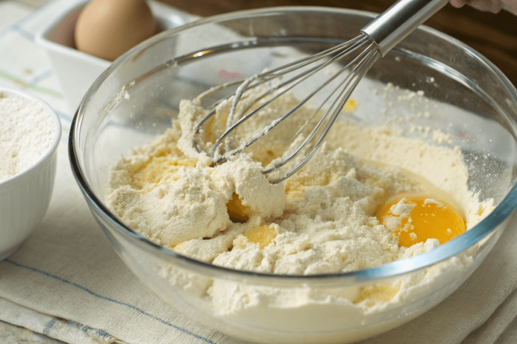 Mixing cottage cheese, eggs, and flour for flatbread dough