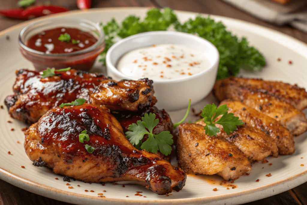 A plate with different grilled chicken recipes, including BBQ and spicy wings.