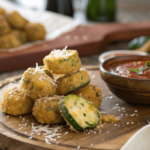 Golden crispy zucchini bites with cheddar and Parmesan served with marinara sauce.