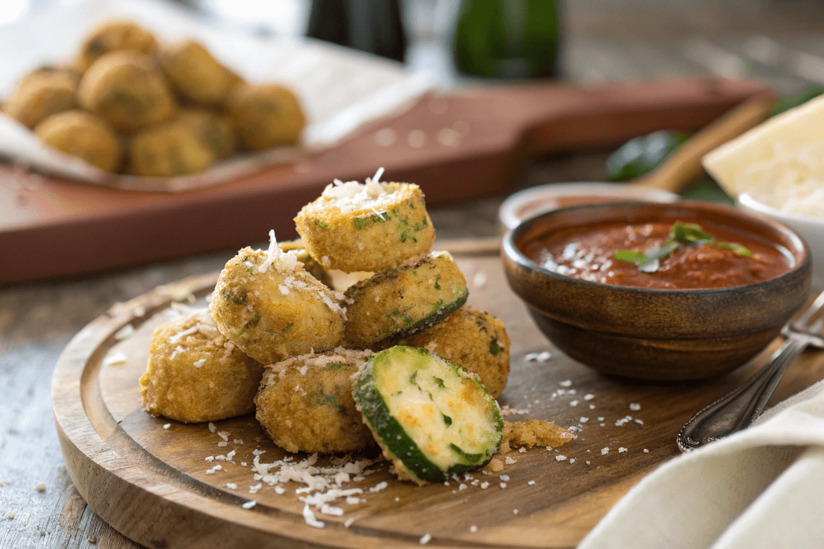 Golden crispy zucchini bites with cheddar and Parmesan served with marinara sauce.