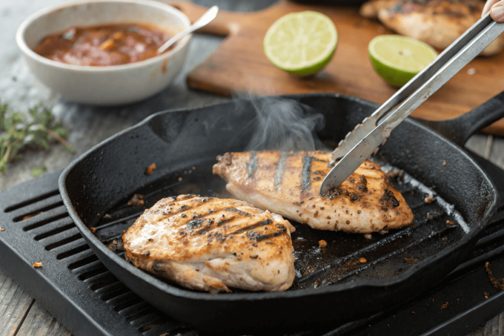  Grilled chicken cooking for a Street Corn Chicken Rice Bowl.