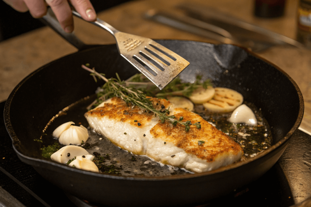 White fish fillet searing in a cast-iron skillet with butter