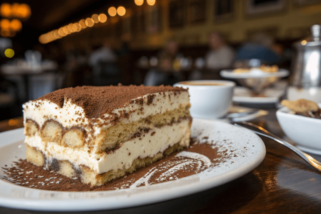 A slice of Classic Italian Tiramisu with visible layers and cocoa powder