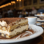 A slice of Classic Italian Tiramisu with visible layers and cocoa powder