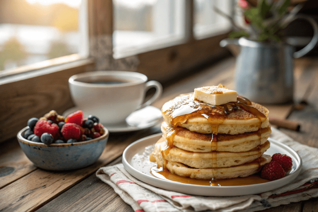 Fluffy pancakes with butter and maple syrup on a wooden table.