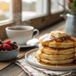 Fluffy pancakes with butter and maple syrup on a wooden table.