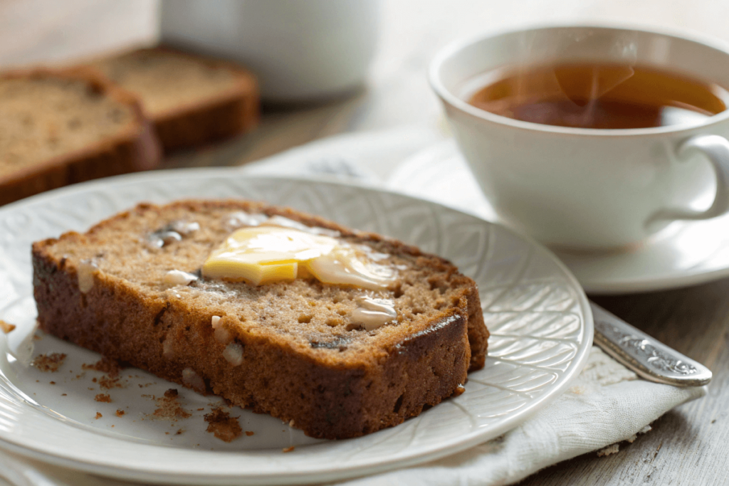 A warm slice of banana bread with melted butter