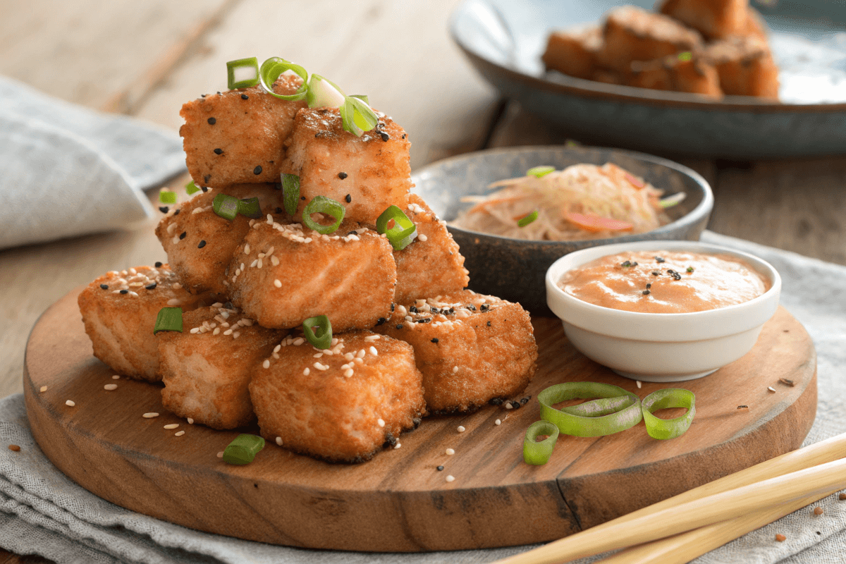 Crispy Spicy Salmon Bites with spicy mayo dip