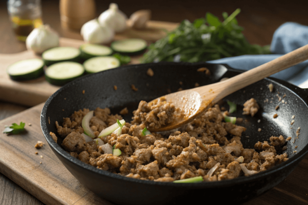 Ground turkey being cooked in a skillet with garlic and onions