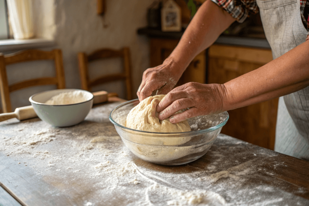 Hands folding sourdough dough during the bulk fermentation process.