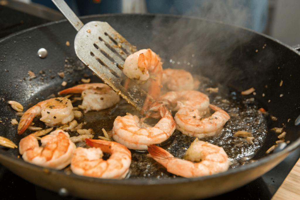  Shrimp being stir-fried in a wok with garlic