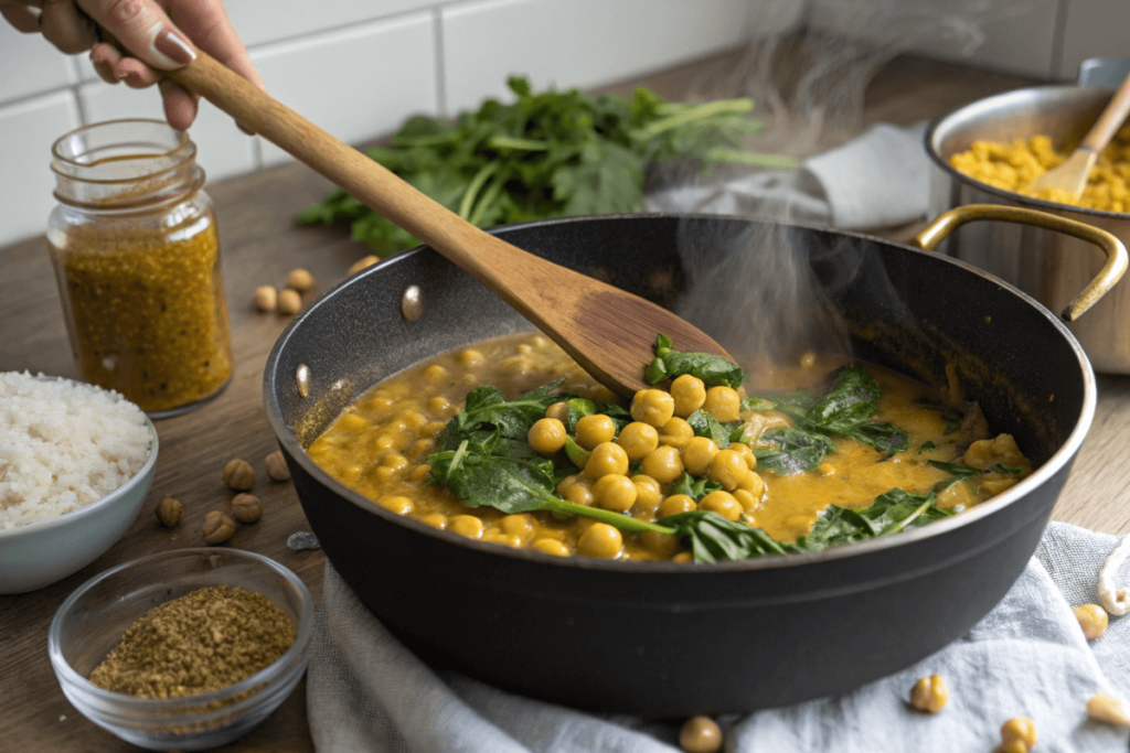  Chickpea spinach coconut curry simmering in a pot.