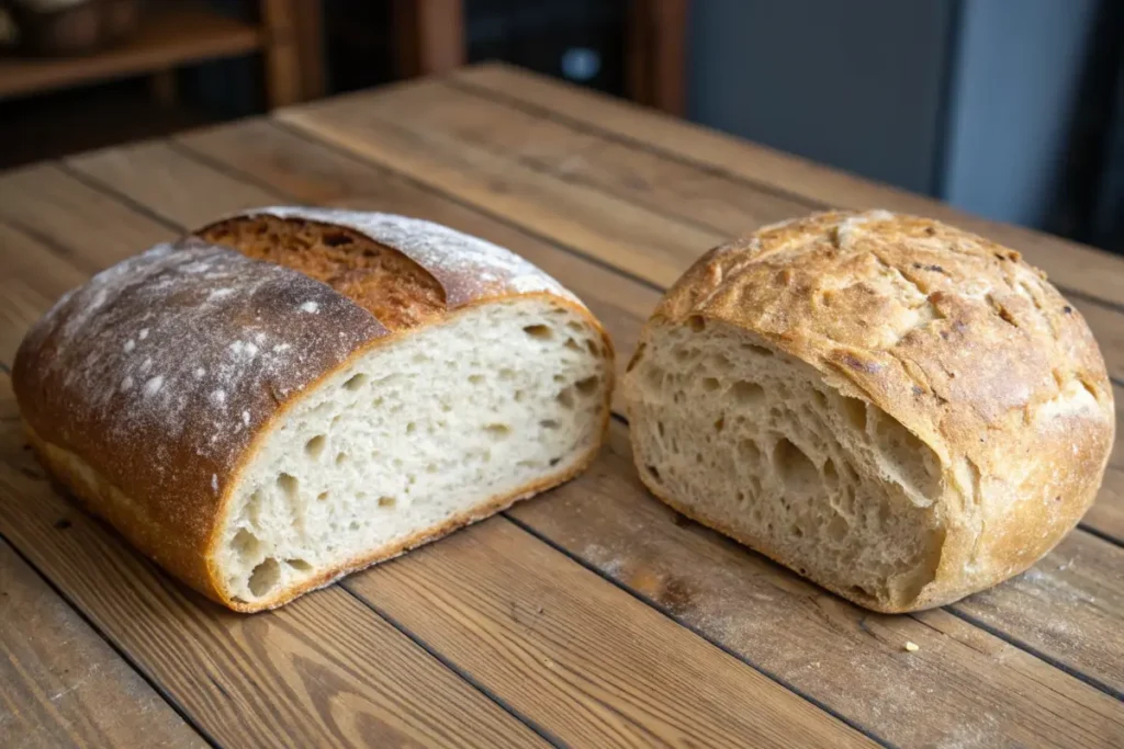 A side-by-side comparison of a dense sourdough loaf vs. a perfectly baked one.