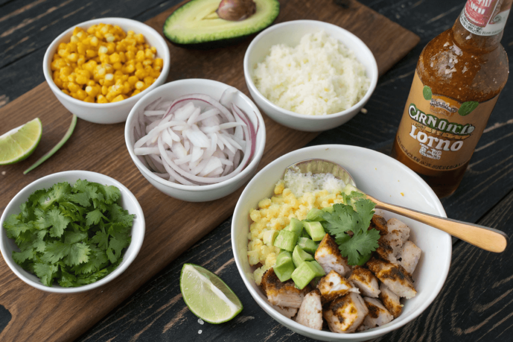 Ingredients for making a Street Corn Chicken Rice Bowl, ready for assembly.