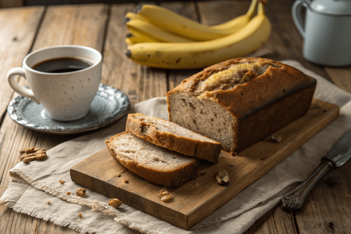 Freshly baked banana bread loaf on a wooden table