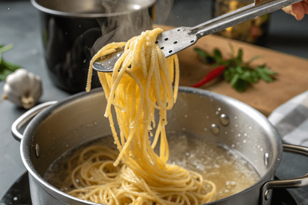 Spaghetti being lifted from boiling water