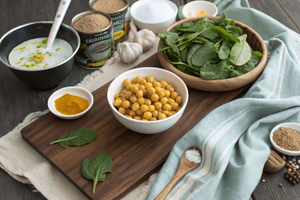 Ingredients for chickpea spinach coconut curry laid out on a wooden board.