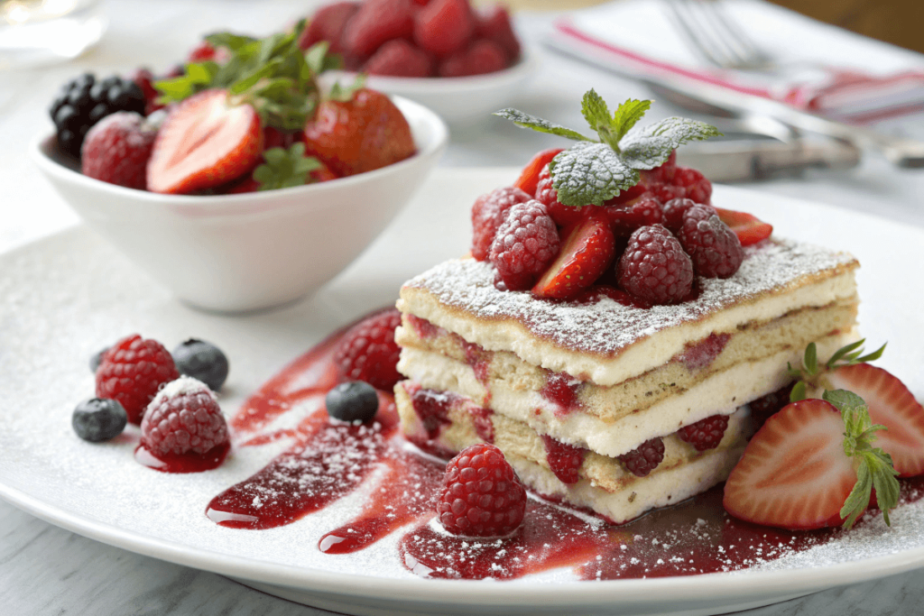 A fruity tiramisu variation with strawberries and raspberries.