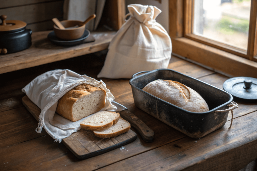 Sliced sourdough bread stored in linen and a freezer bag.