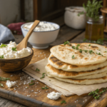 : Freshly made Cottage Cheese Flatbread on a wooden table