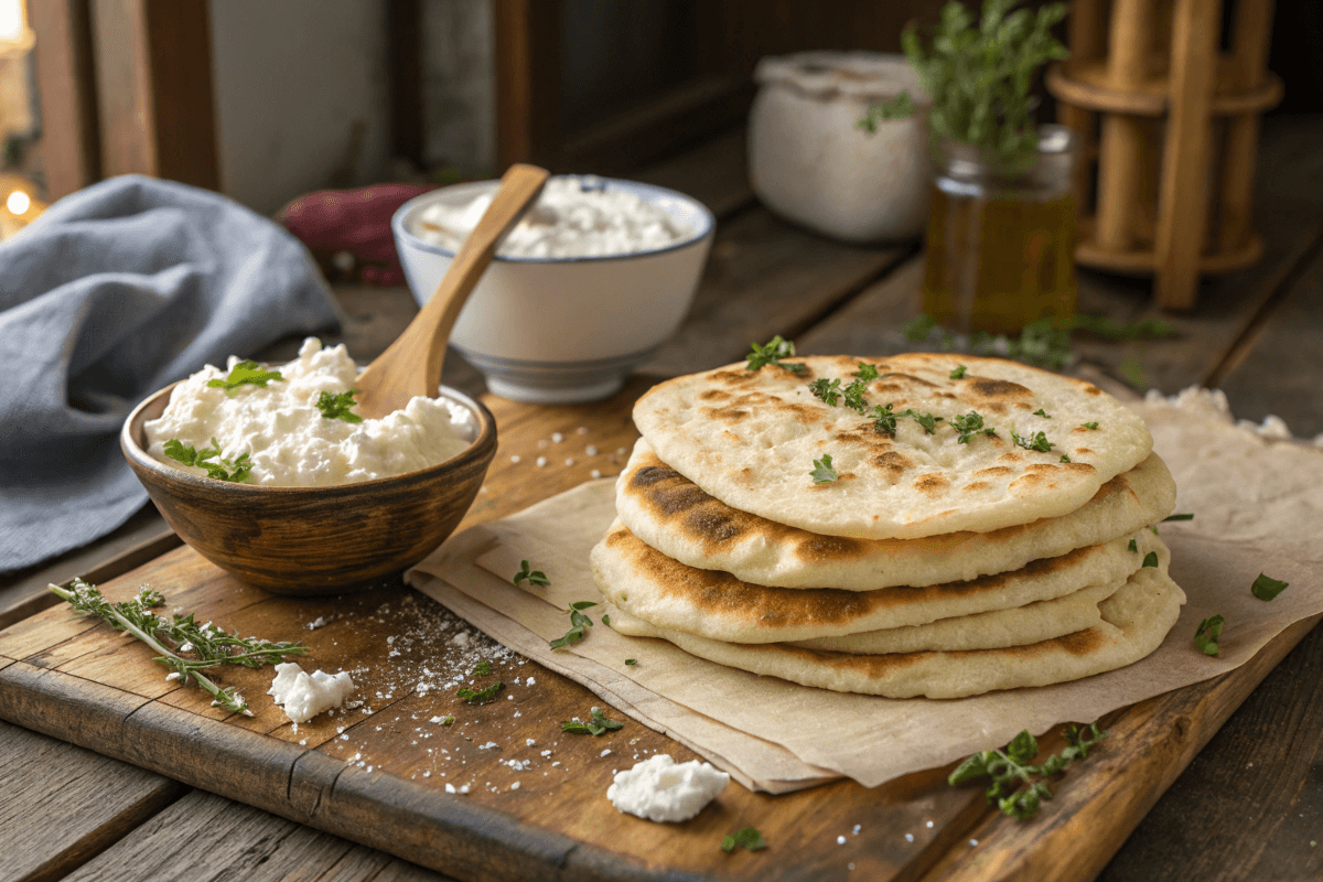 : Freshly made Cottage Cheese Flatbread on a wooden table