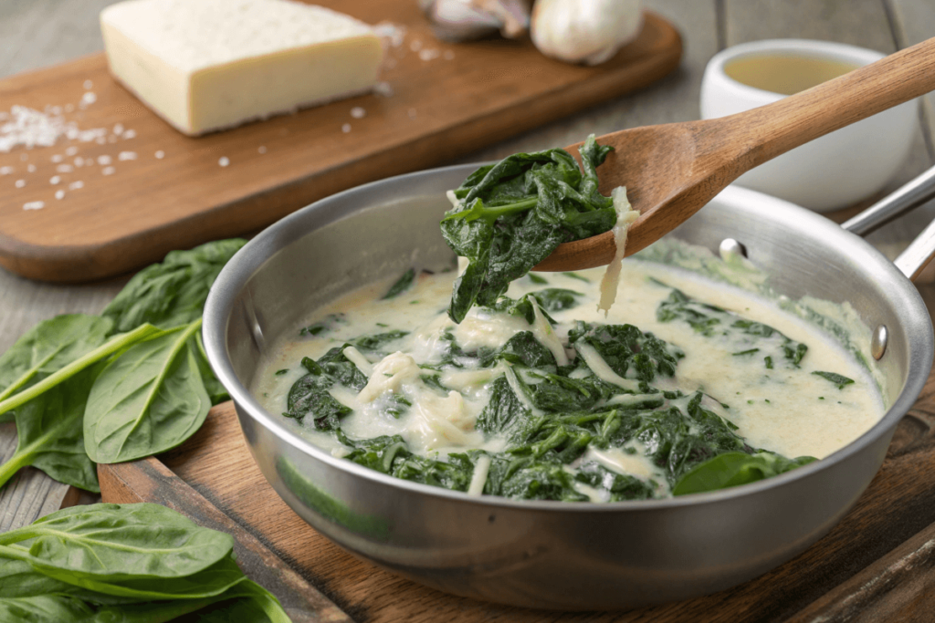  Creamy spinach sauce being stirred in a saucepan