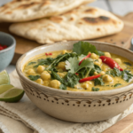 Bowl of creamy chickpea spinach coconut curry with naan.