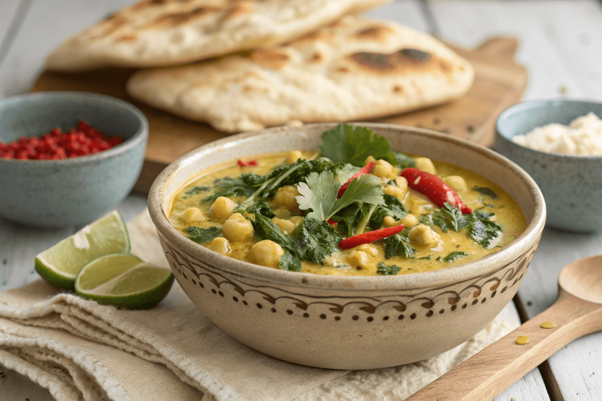 Bowl of creamy chickpea spinach coconut curry with naan.