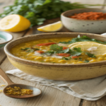 Vegan Lemon Lentil Soup with Turmeric in a rustic bowl