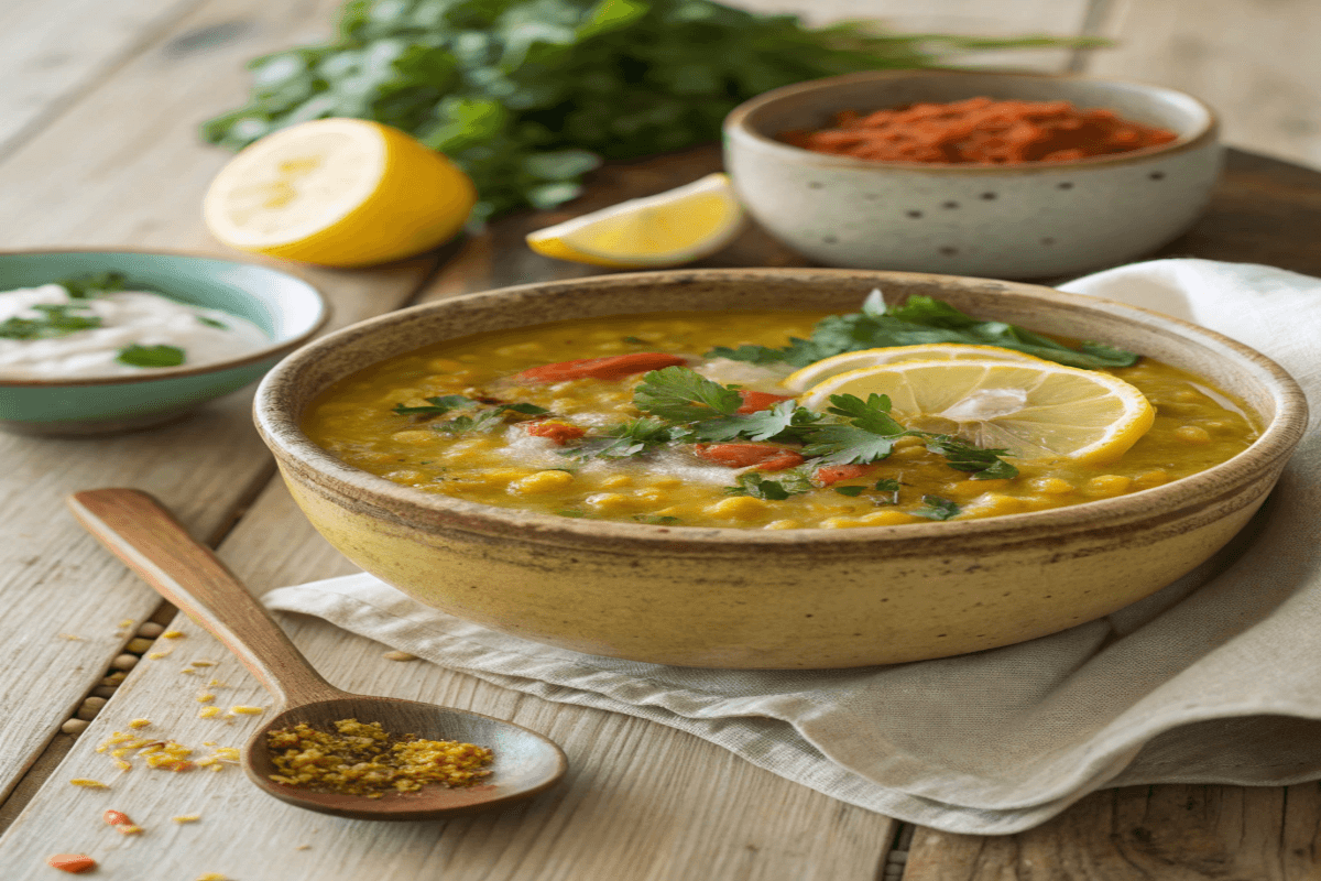 Vegan Lemon Lentil Soup with Turmeric in a rustic bowl