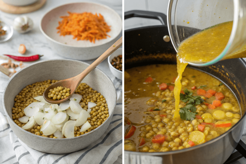 Step-by-step process of making Vegan Lemon Lentil Soup with Turmeric