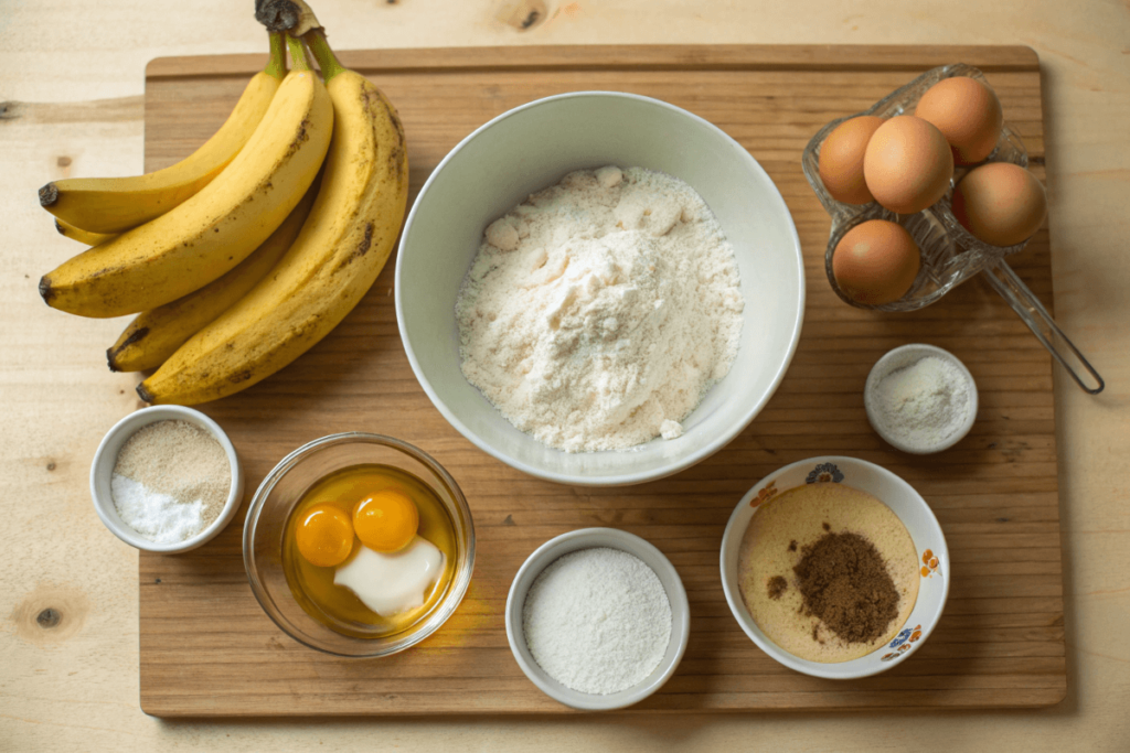 Banana bread ingredients arranged on a kitchen counter