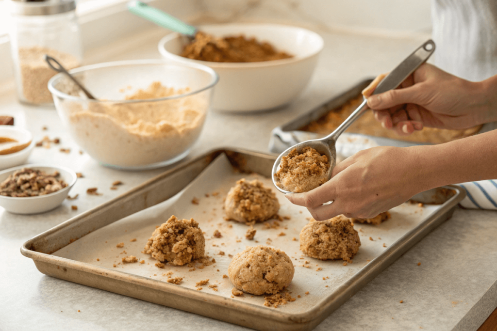 Cookie dough being scooped onto a tray with crumble topping.