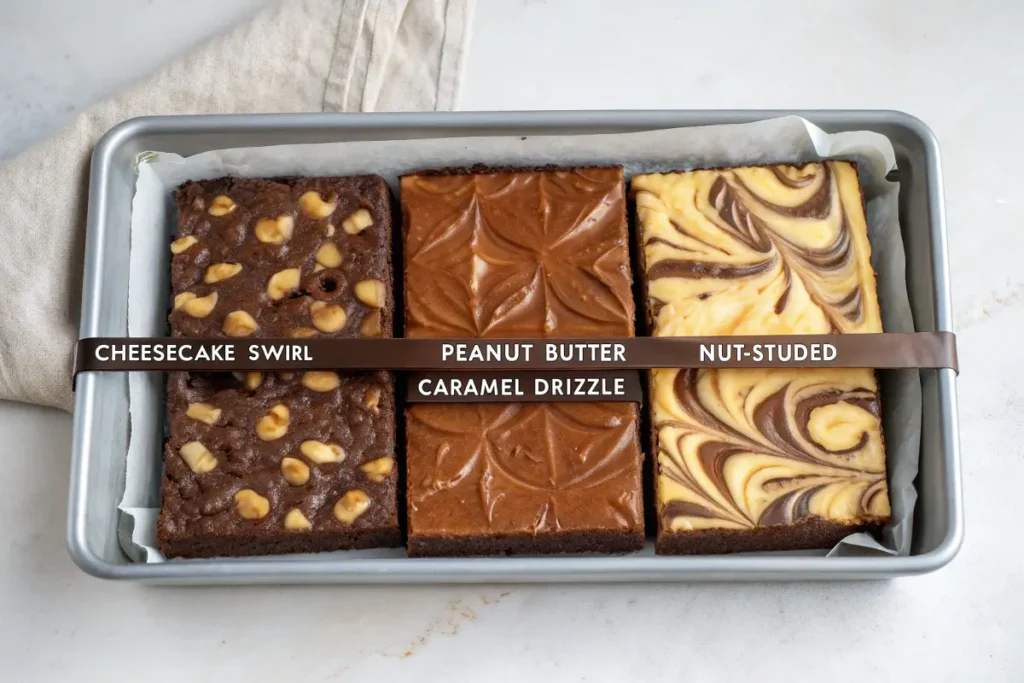 Assorted brownie flavors including peanut butter, caramel, and cheesecake